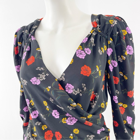 ASTR The Label Long Sleeve Bodysuit Black Floral Faux Wrap Surplice V-Neck XS - Picture 3 of 9